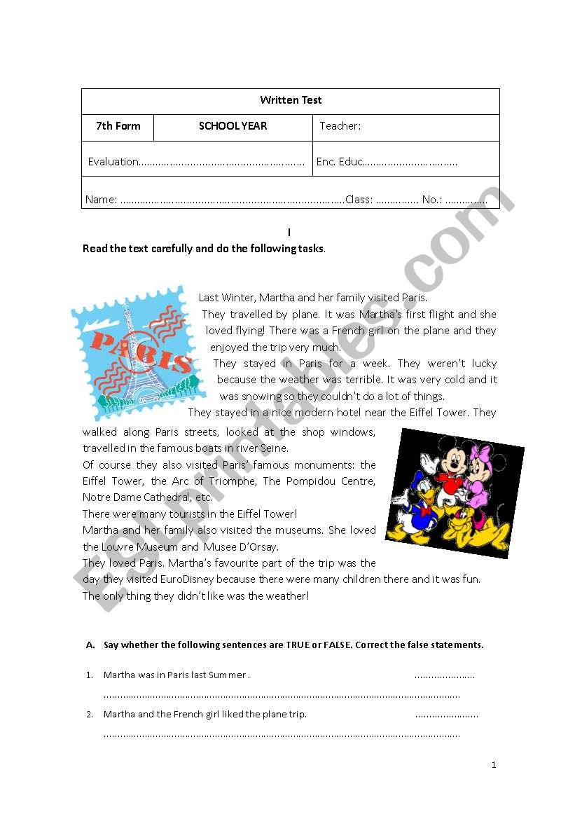 Test 7thForm  Reading Simple Past