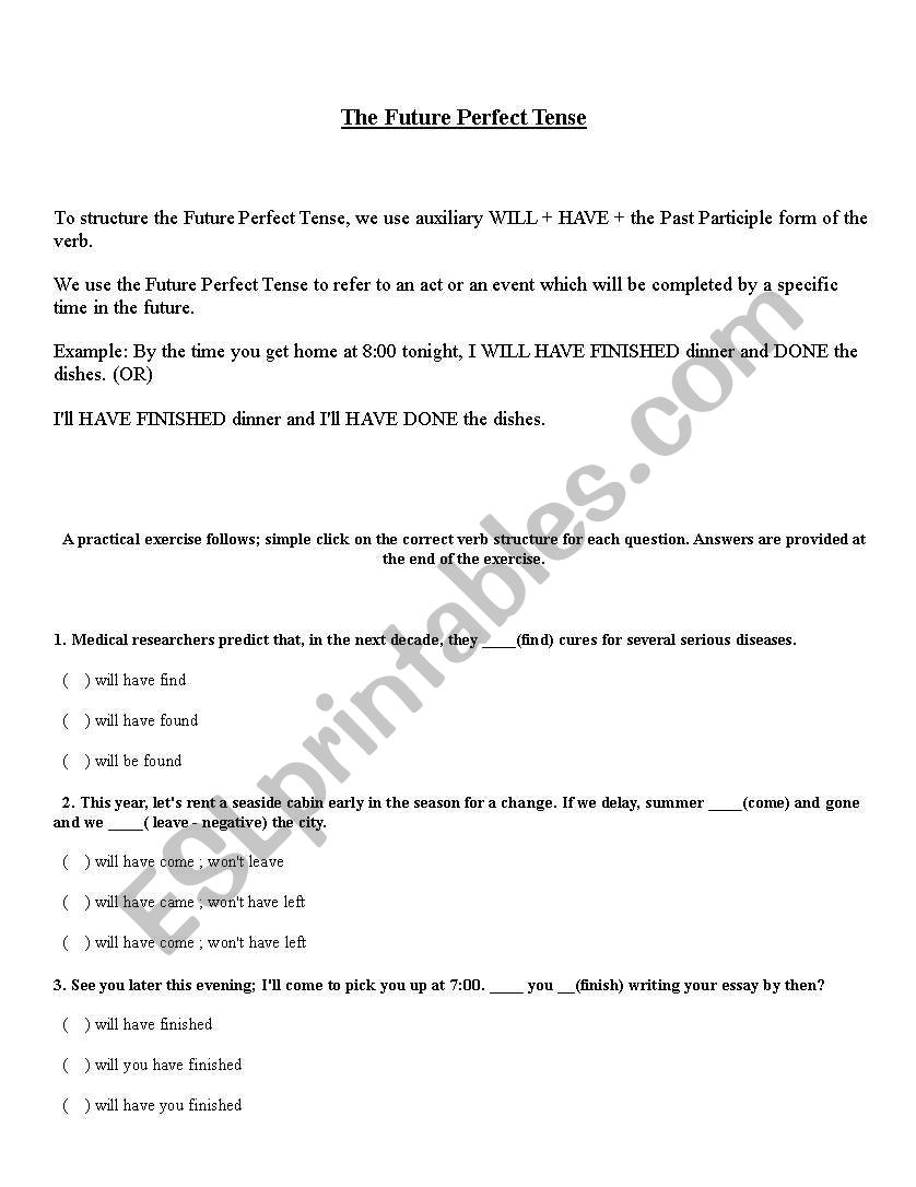 Future Perfect Tense Grammar + exercise