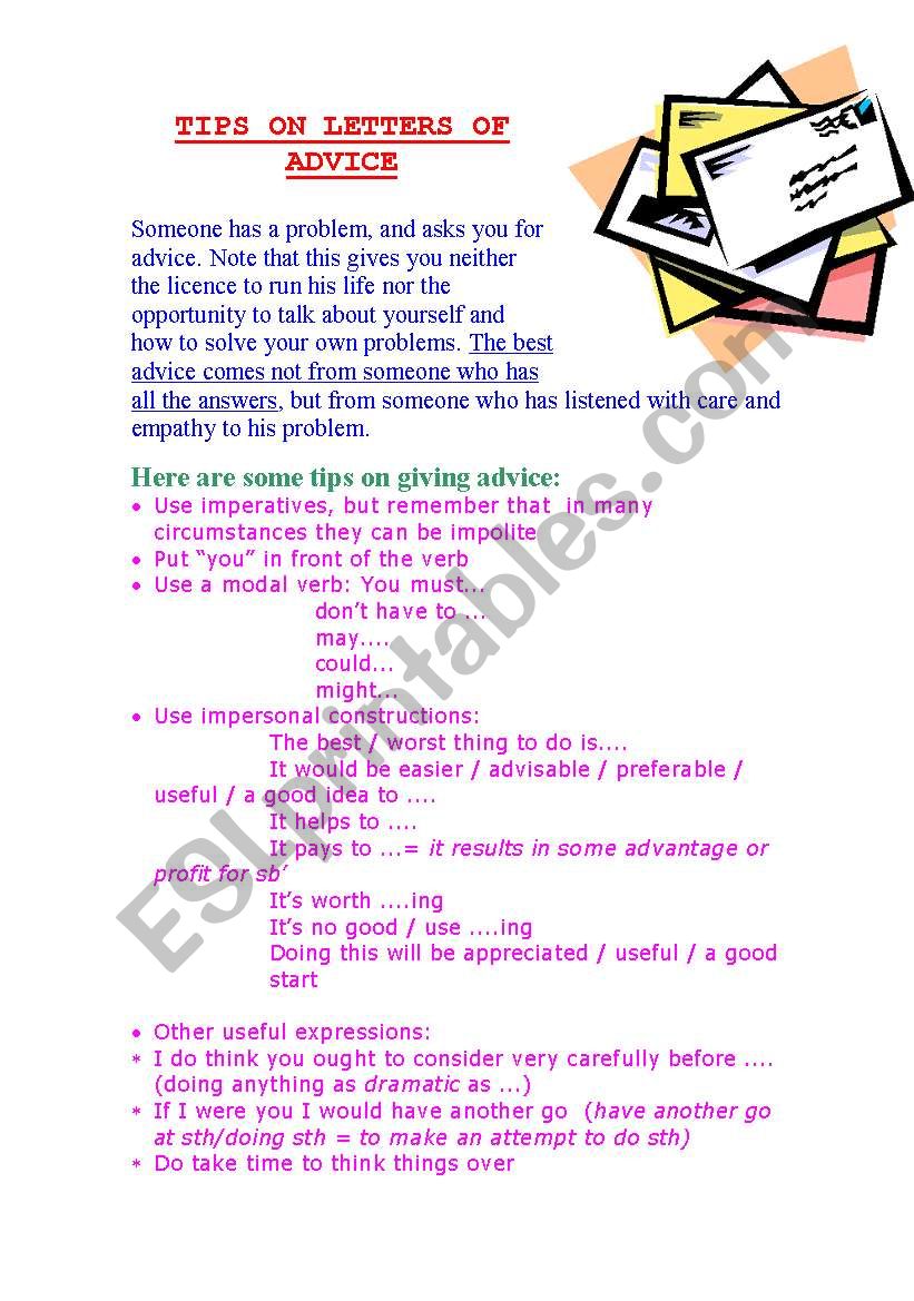 Letters of advice  worksheet