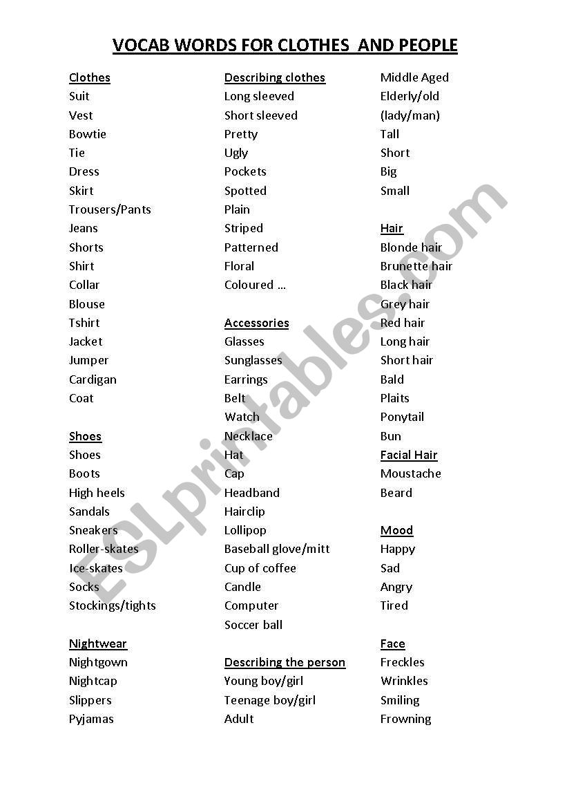 Adjectives for Describing People worksheet