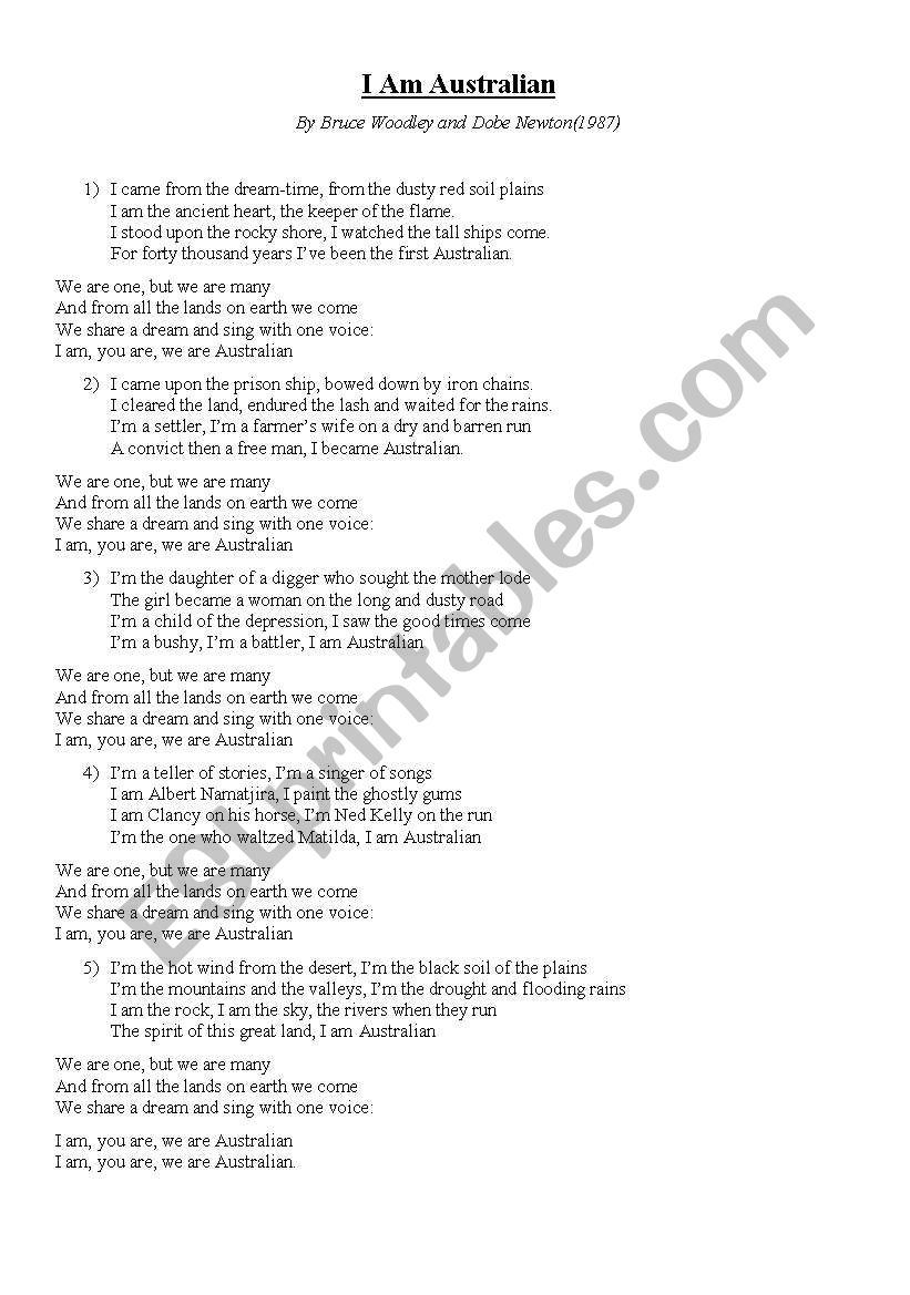 Am Australian song lyrics and of meaning - worksheet by