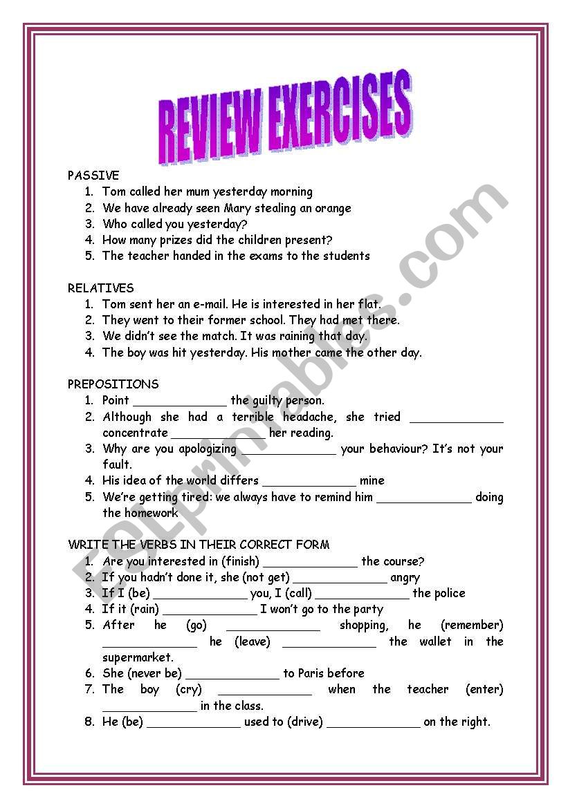 review exercises worksheet