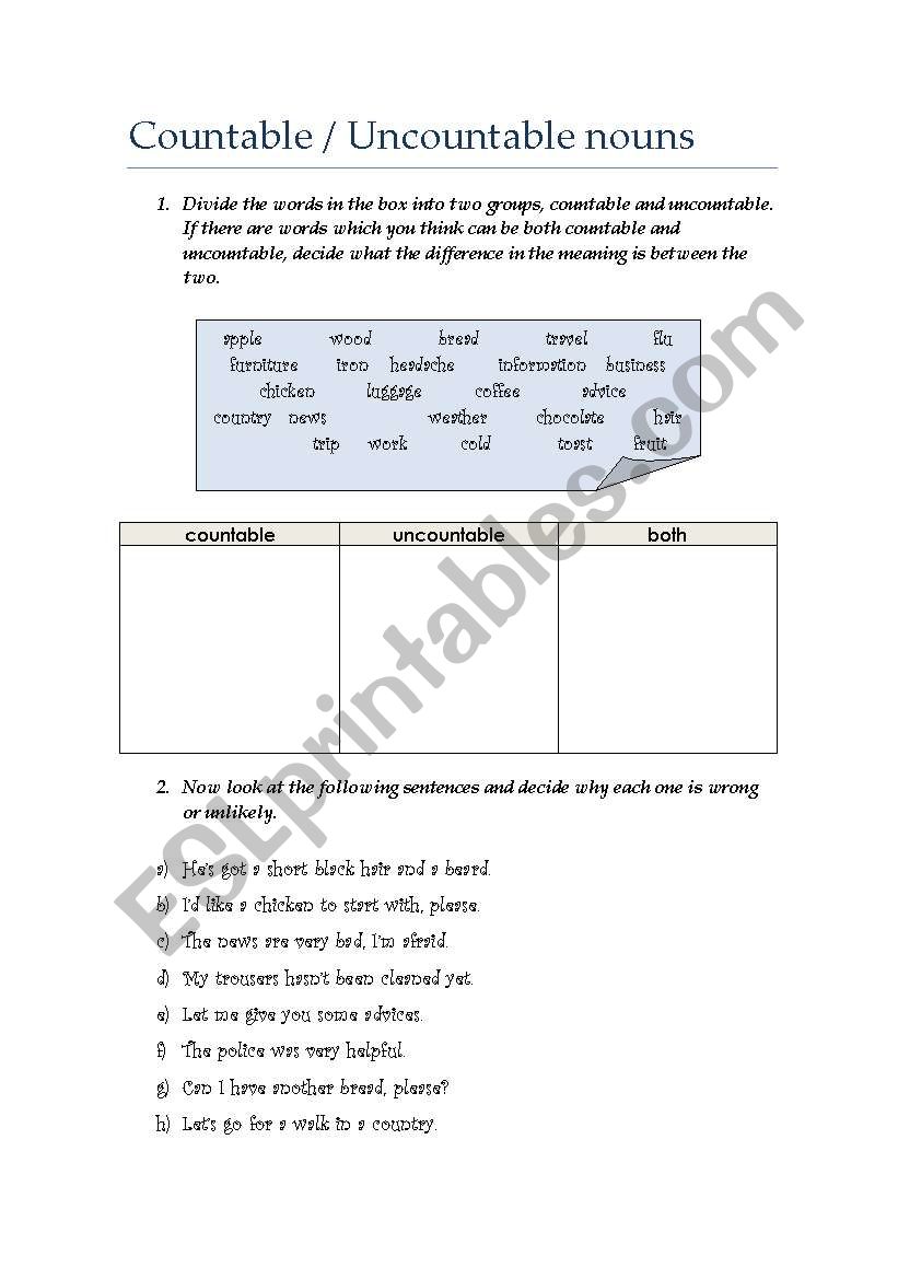 Countable / Uncountable Nouns exercises