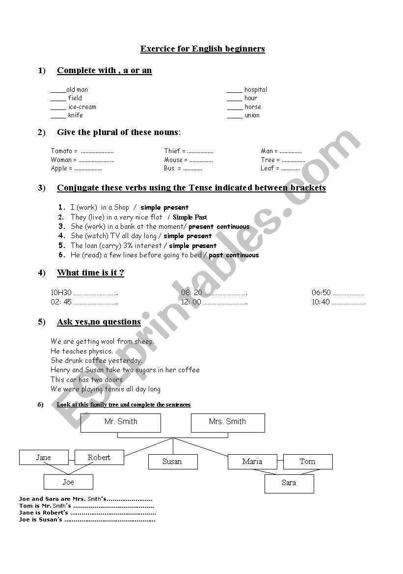 Exercice for English Beginners