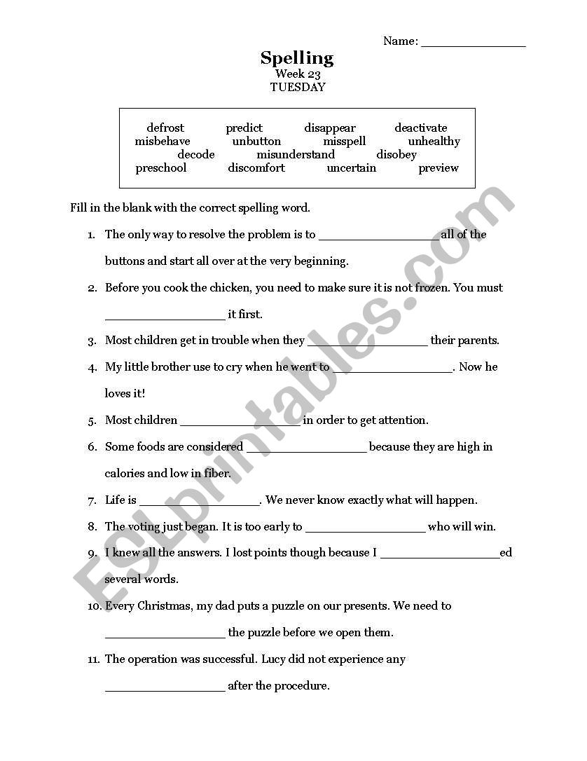 ESL Fill in the blanks with Prefixes