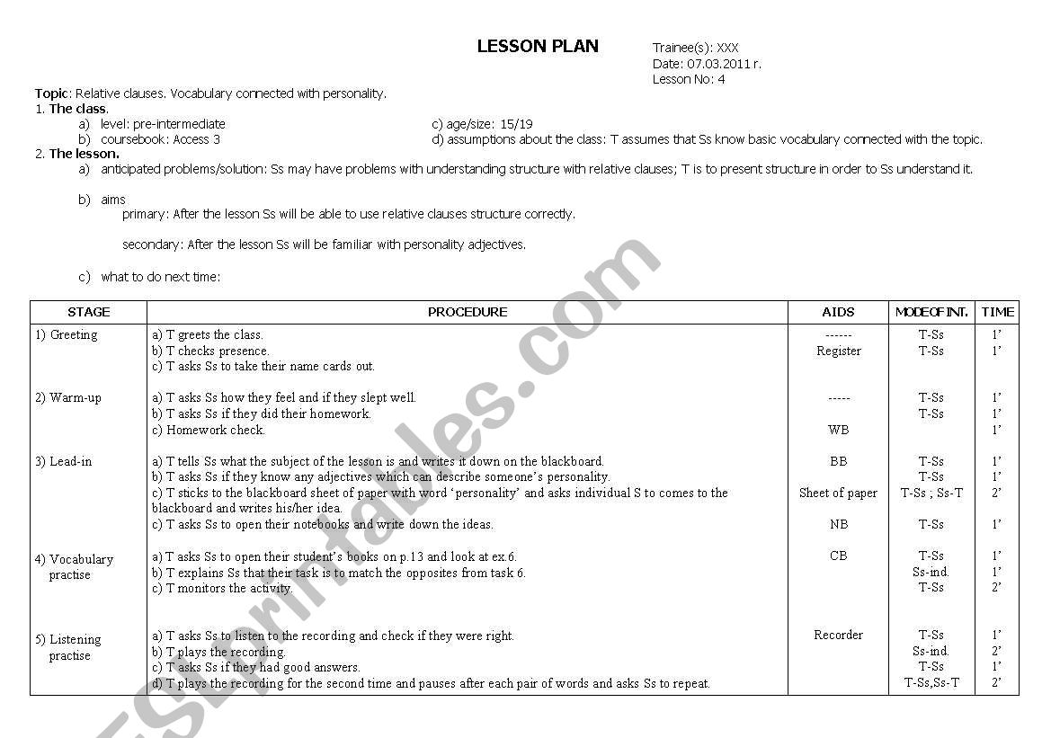 relative clauses lesson plan worksheet