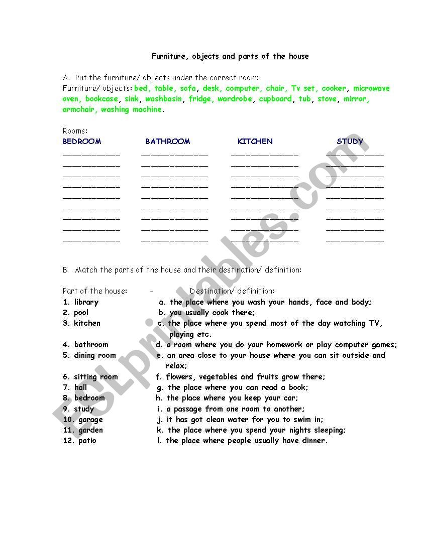 Rooms and furniture worksheet