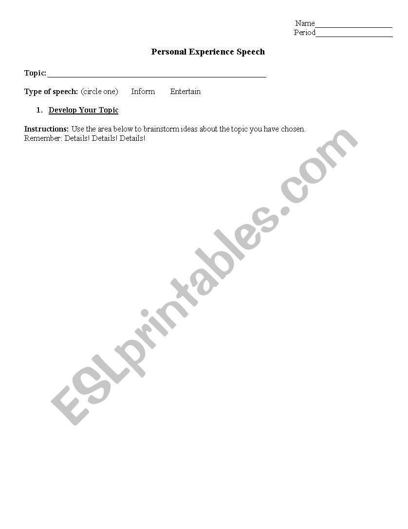 Graphic organizer for a personal narrative speech