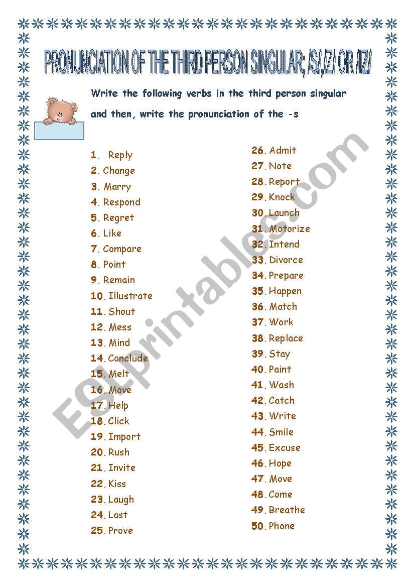 50 VERBS TO PRACTISE THE PRONUNCIATION OF THE THIRD PERSON SINGULAR PRESENT SIMPLE WITH KEY. YOLANDA