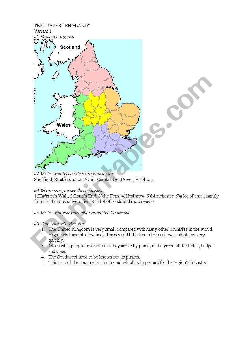  England worksheet