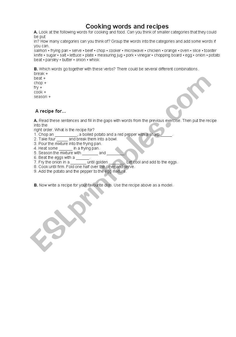 Cooking words and recipes worksheet