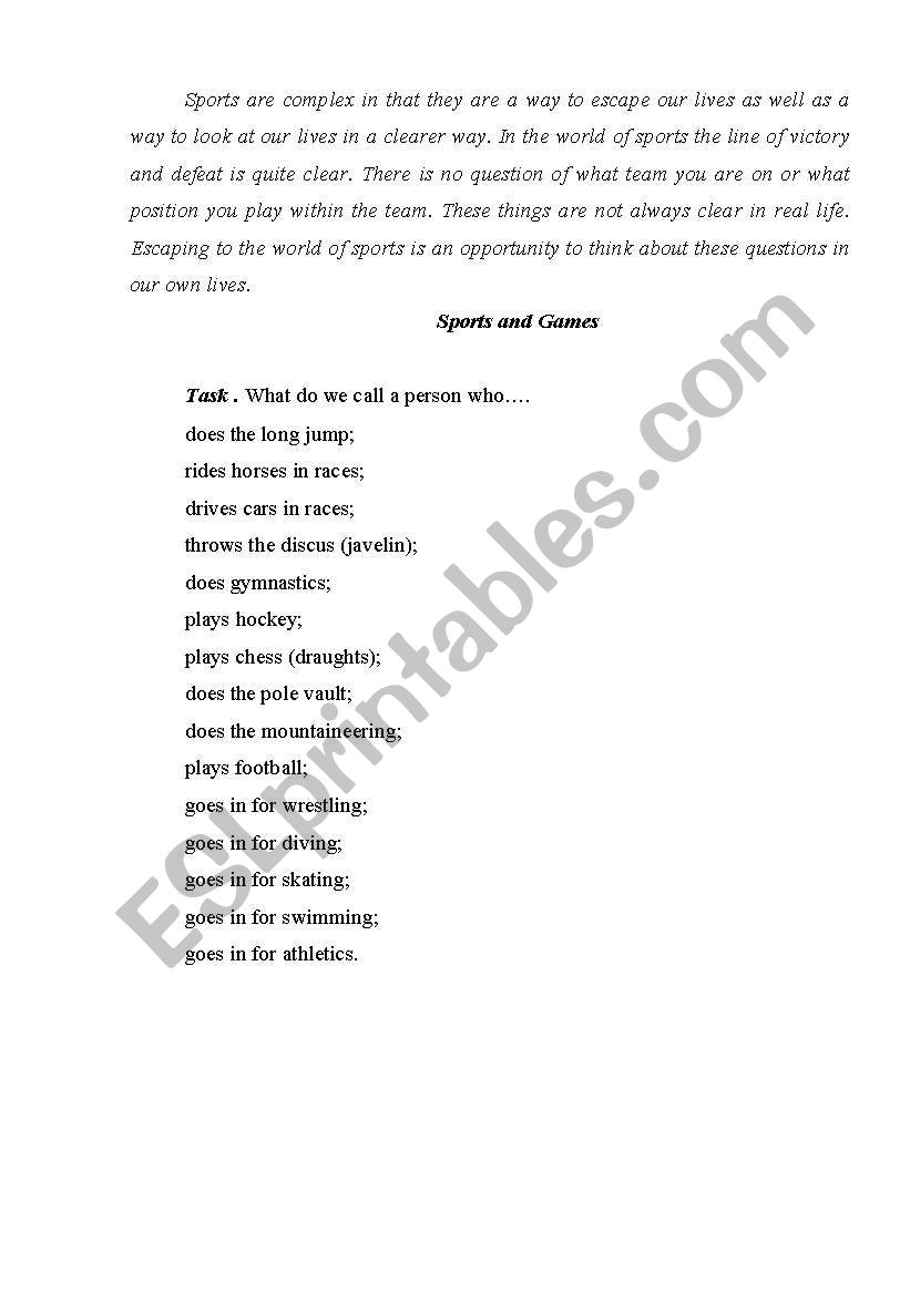 sport and games worksheet