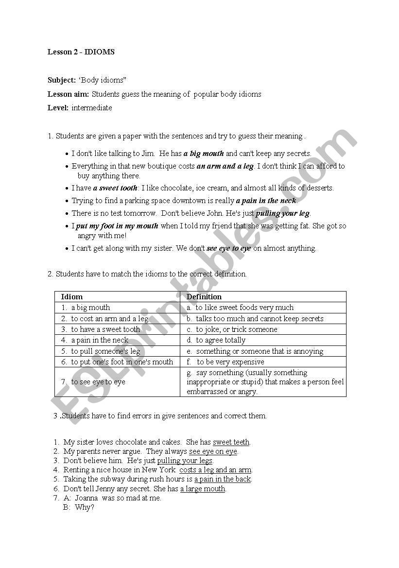 Body idioma worksheet