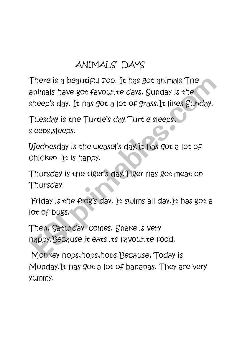 days of the week with animals worksheet