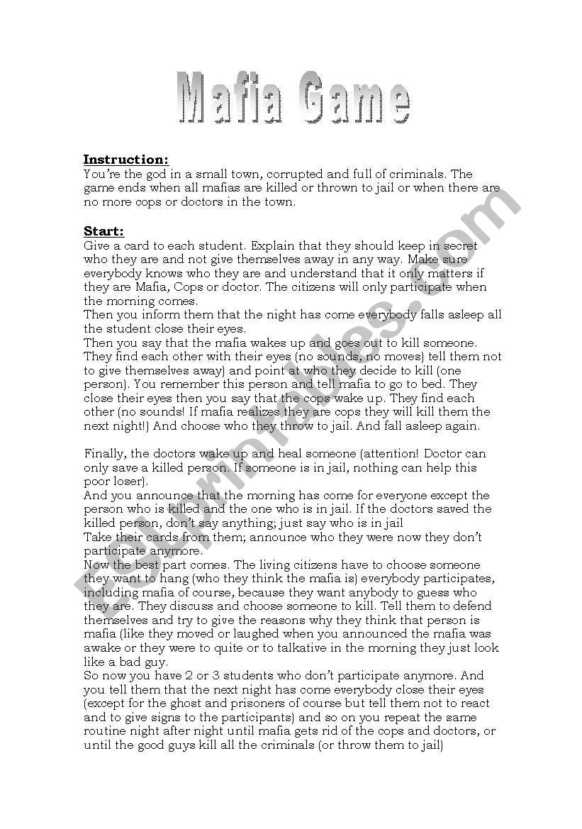 Mafia Game Instrution part 1 worksheet