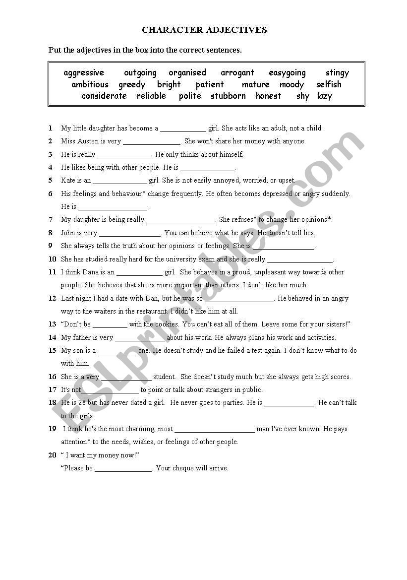 personality adjectives worksheet