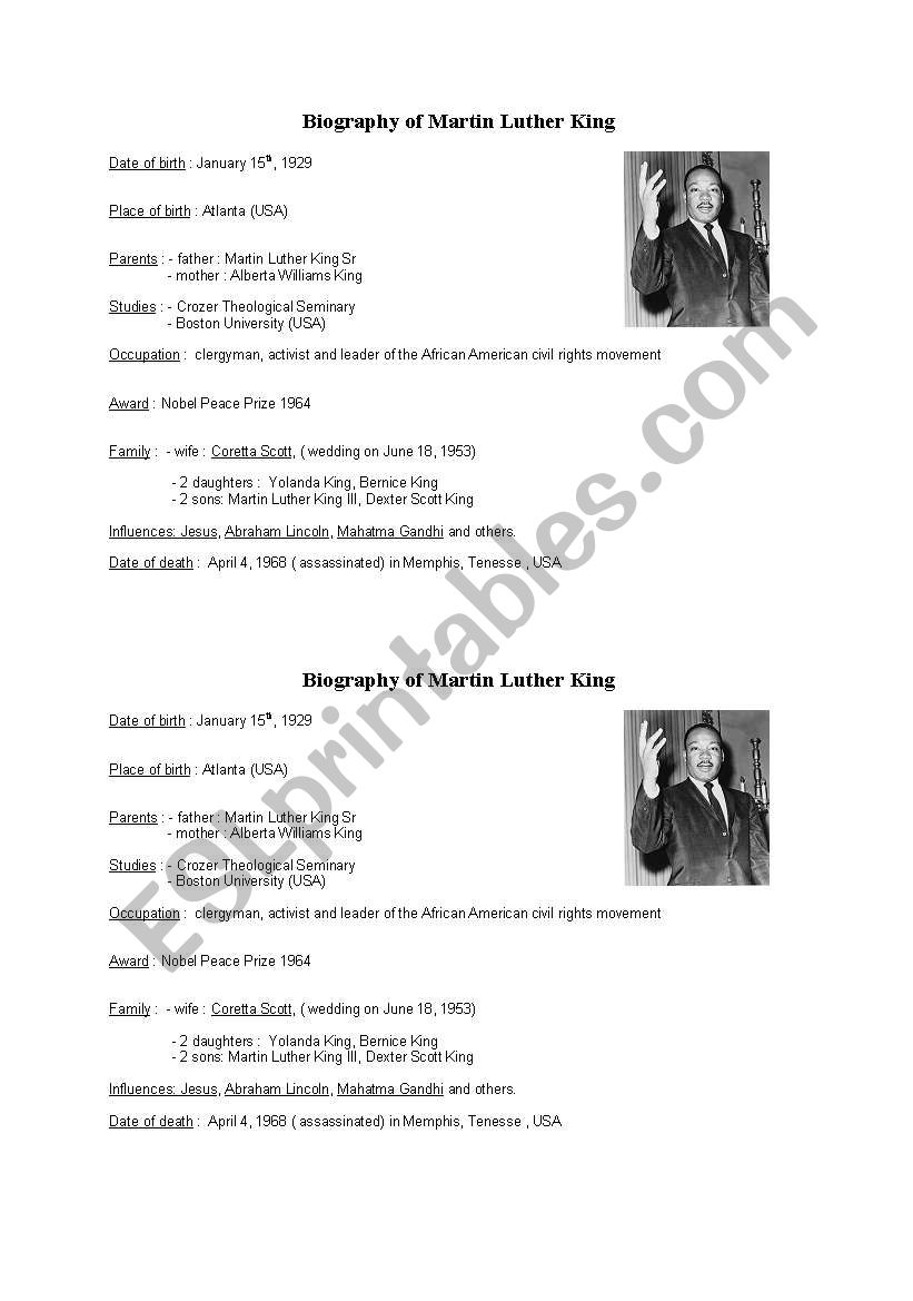 Biography of MLK worksheet