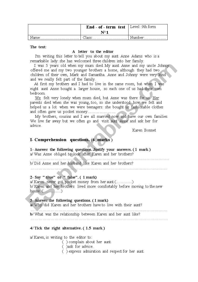 end of term1 test worksheet