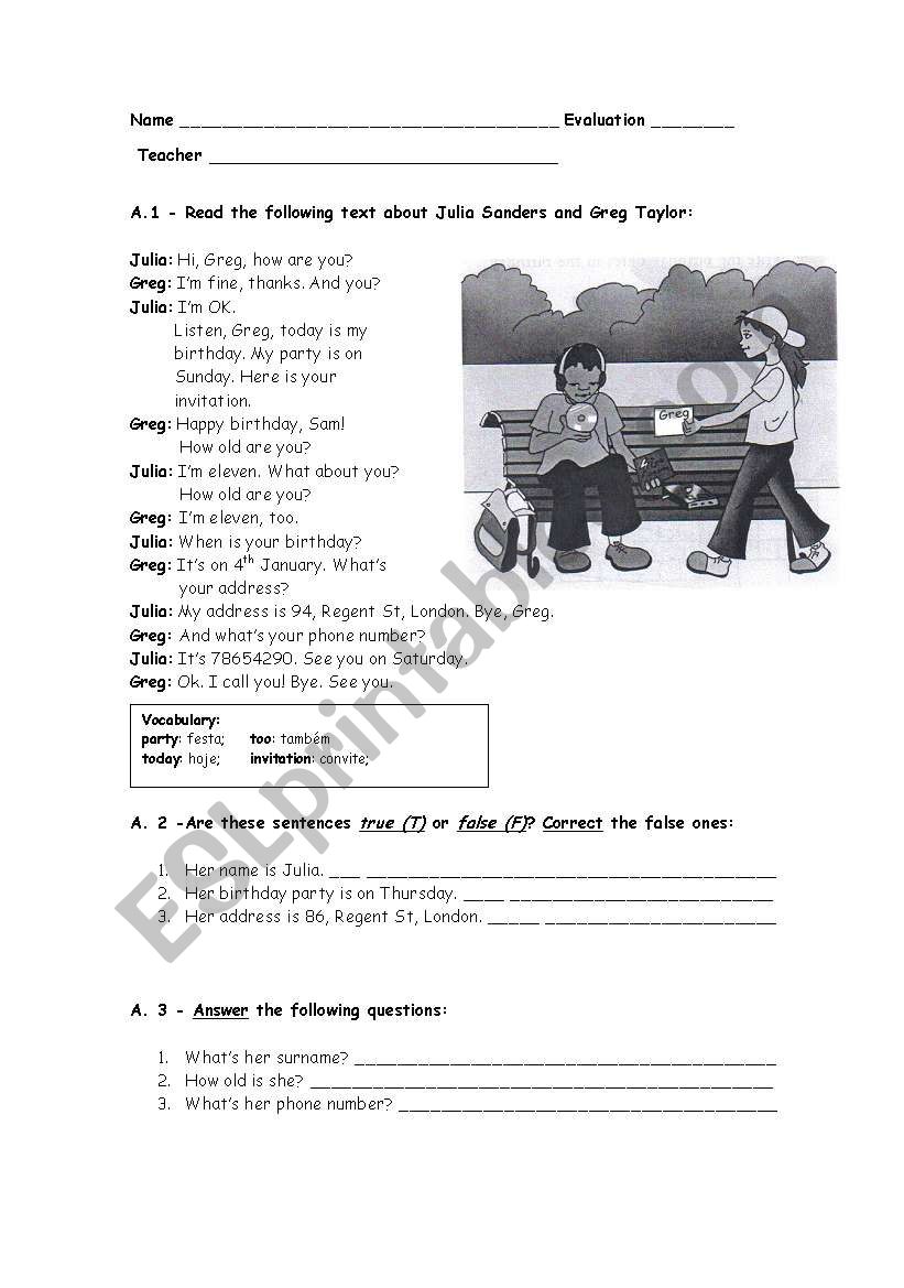 Teste Personal Identification worksheet