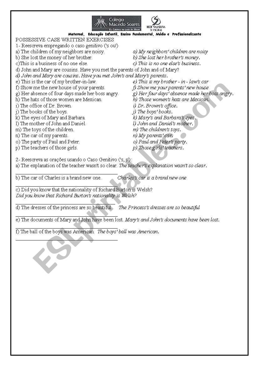 POSSESSIVE S WRITTEN EXERCISES