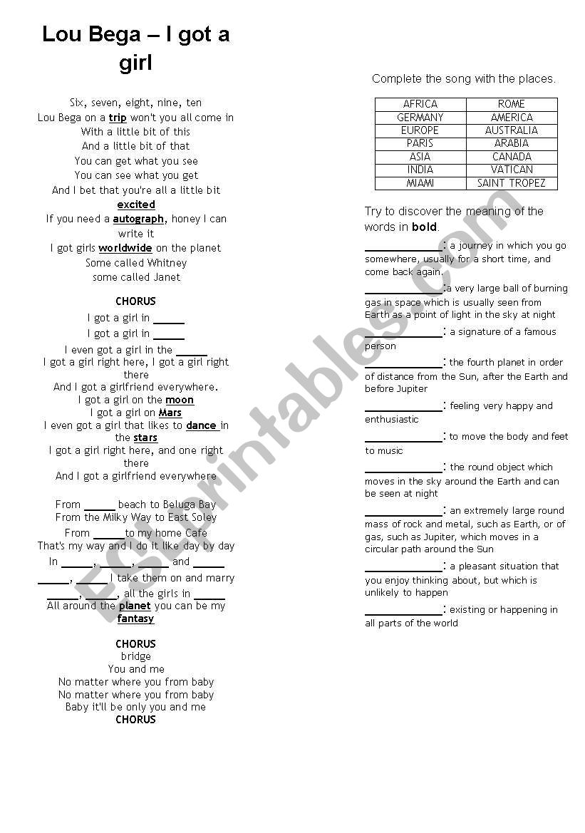 Song: Lou Bega - I got a girl worksheet