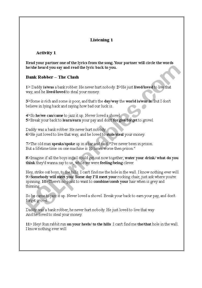 daddy was a bankrobber  worksheet