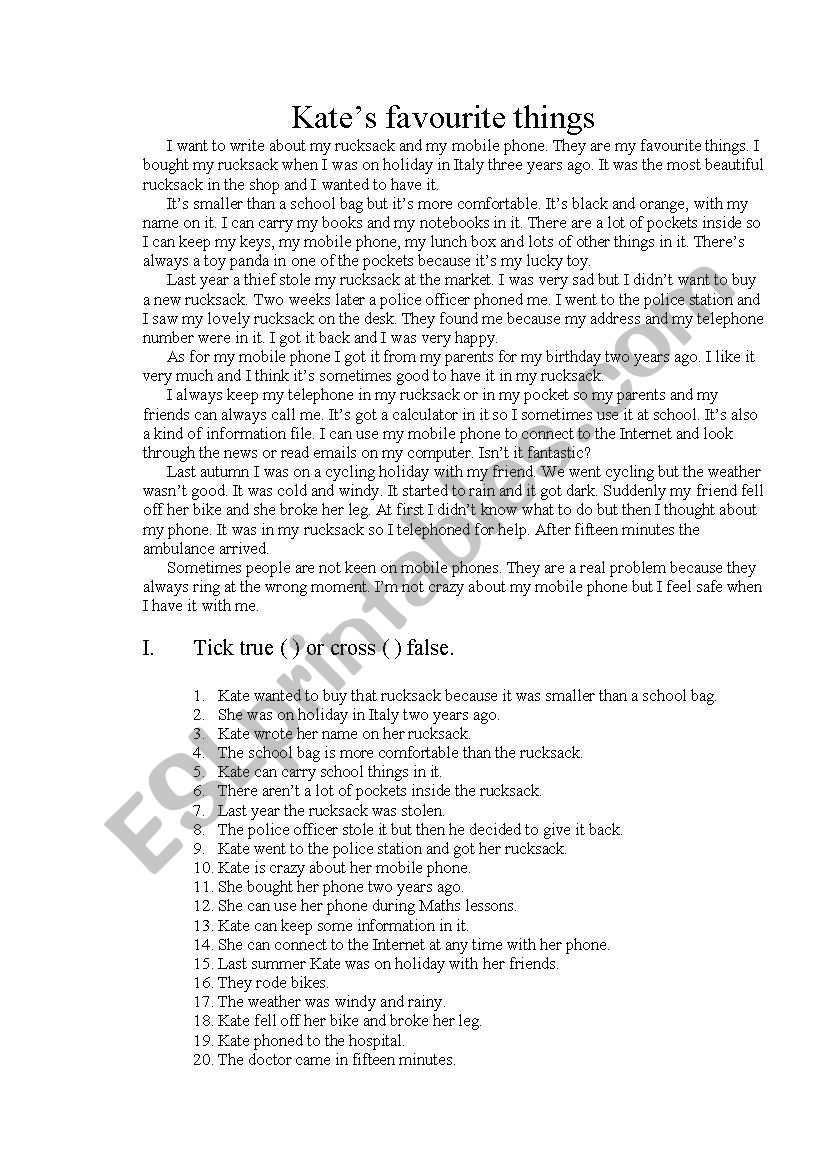Kates favourite things worksheet