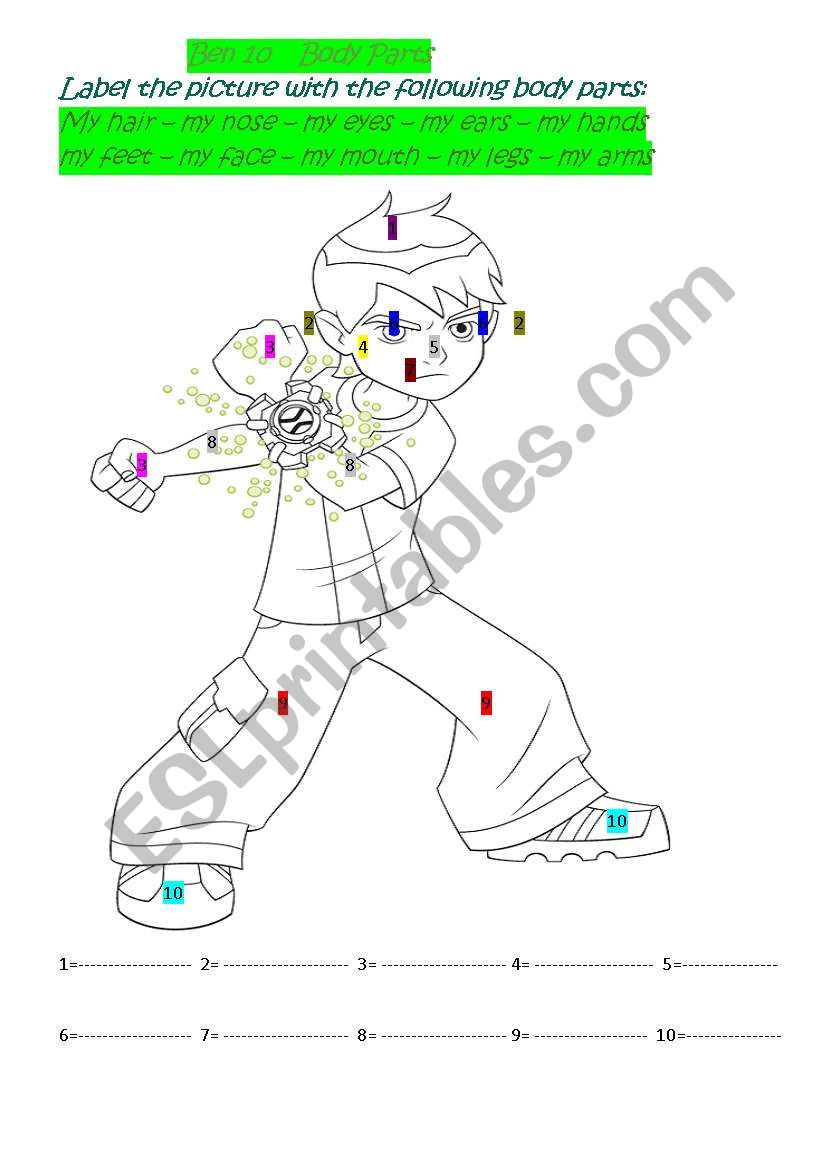 Ben 10 body parts worksheet