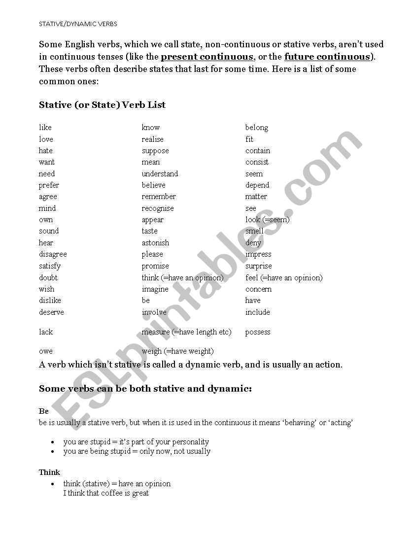 Stative verbs worksheet