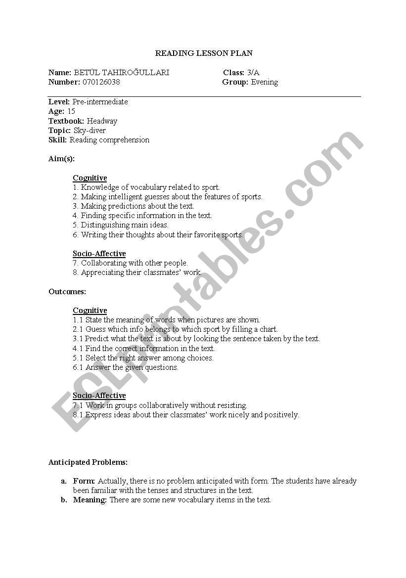 reading lesson plan worksheet