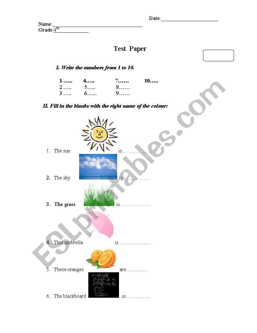 4th grade initial test worksheet
