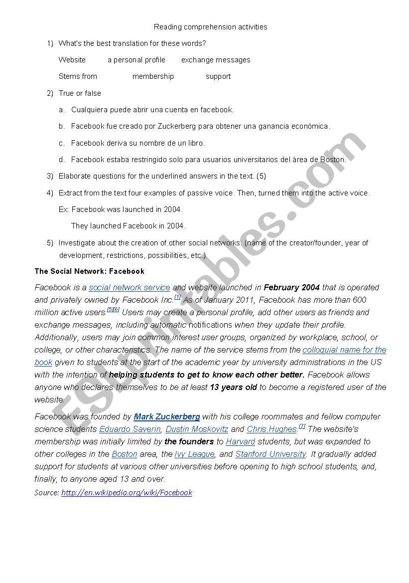 Social Networks worksheet