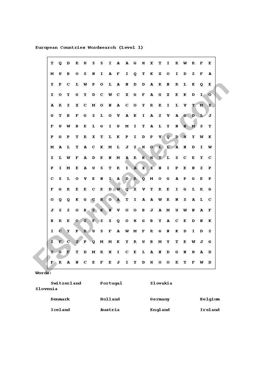 EUROPEAN COUNTRIES WORDSEARCH worksheet