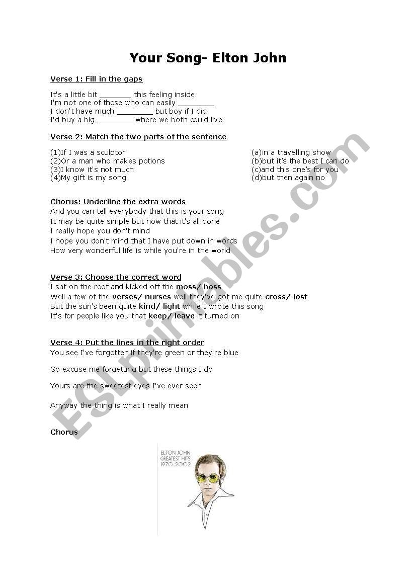 Your Song- Elton John worksheet