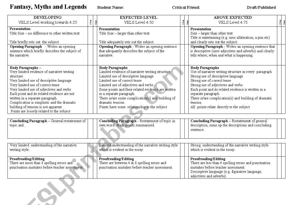 rubric fanatsy myths and legends