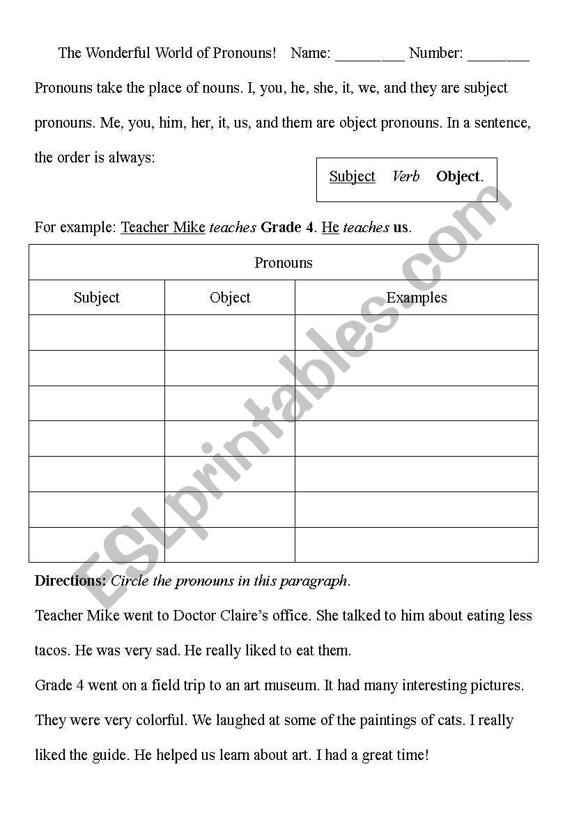 Wonderful World of Pronouns worksheet