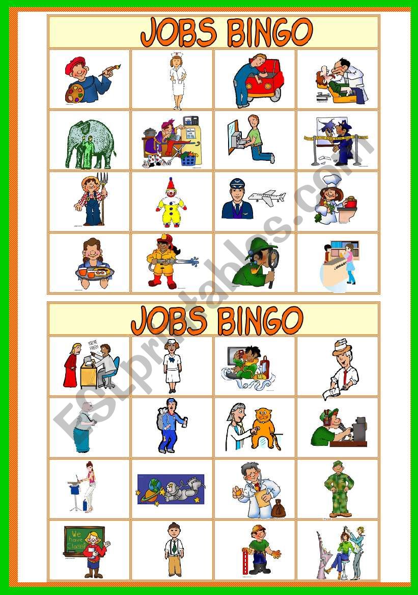 JOBS BINGO Game - 37 jobs - 10 bingo cards - a call sheet - instructions - fully editable