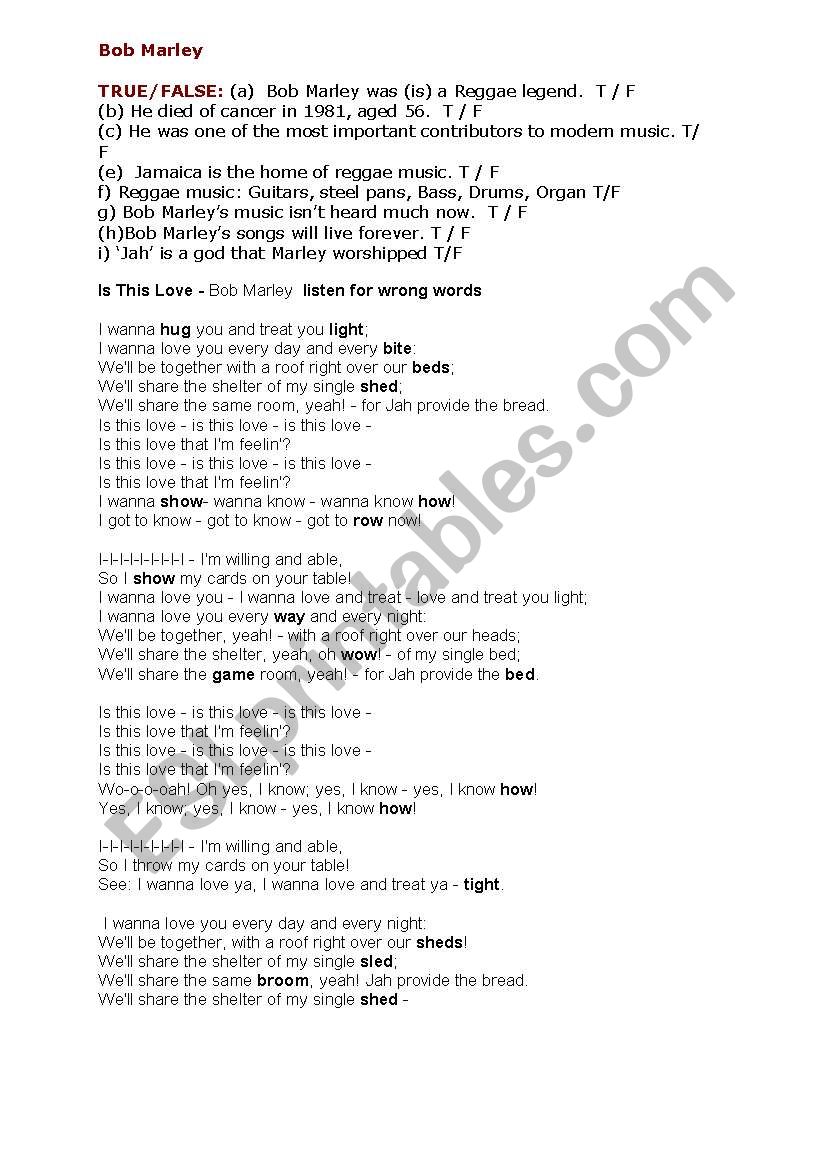 Bob Marley song and worksheet worksheet