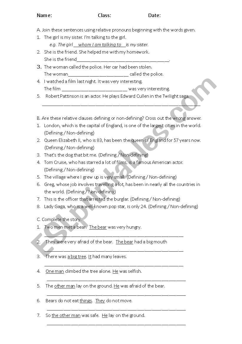 Relative clause exercise worksheet