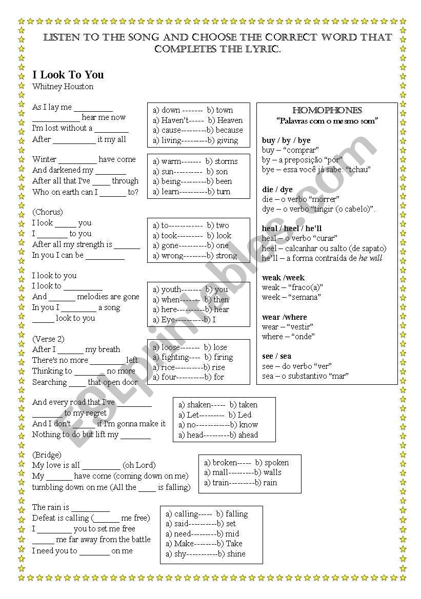 Song Worksheet - I Look To You - By Whitney Houston