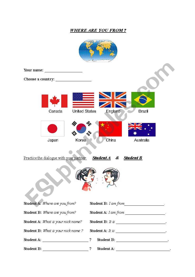 Where Are You From? Role Play/Bingo/Matching Worksheet