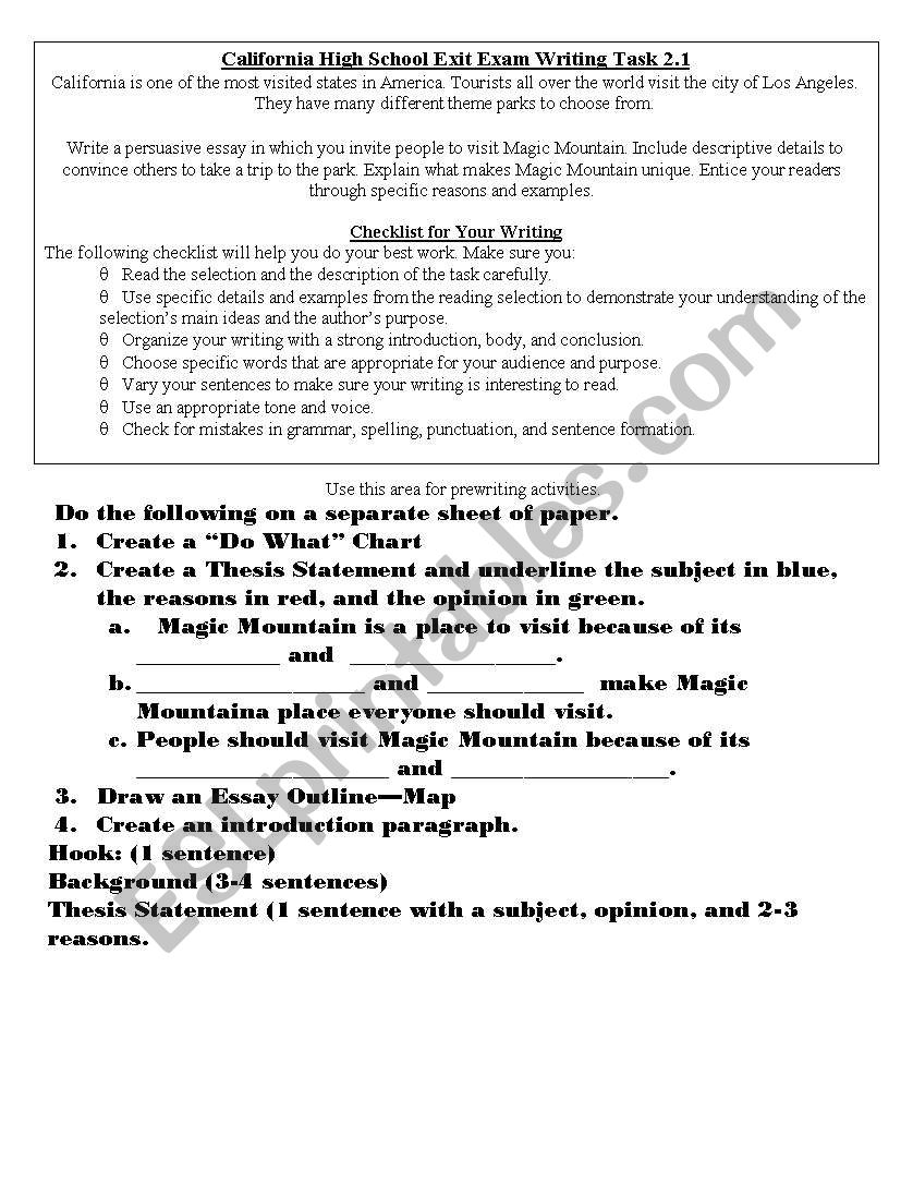 English Worksheets CAHSEE Practice Prompt