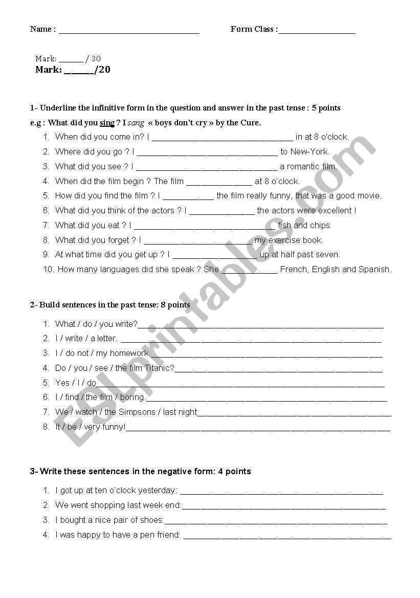 Past Simple Worksheet or Test worksheet