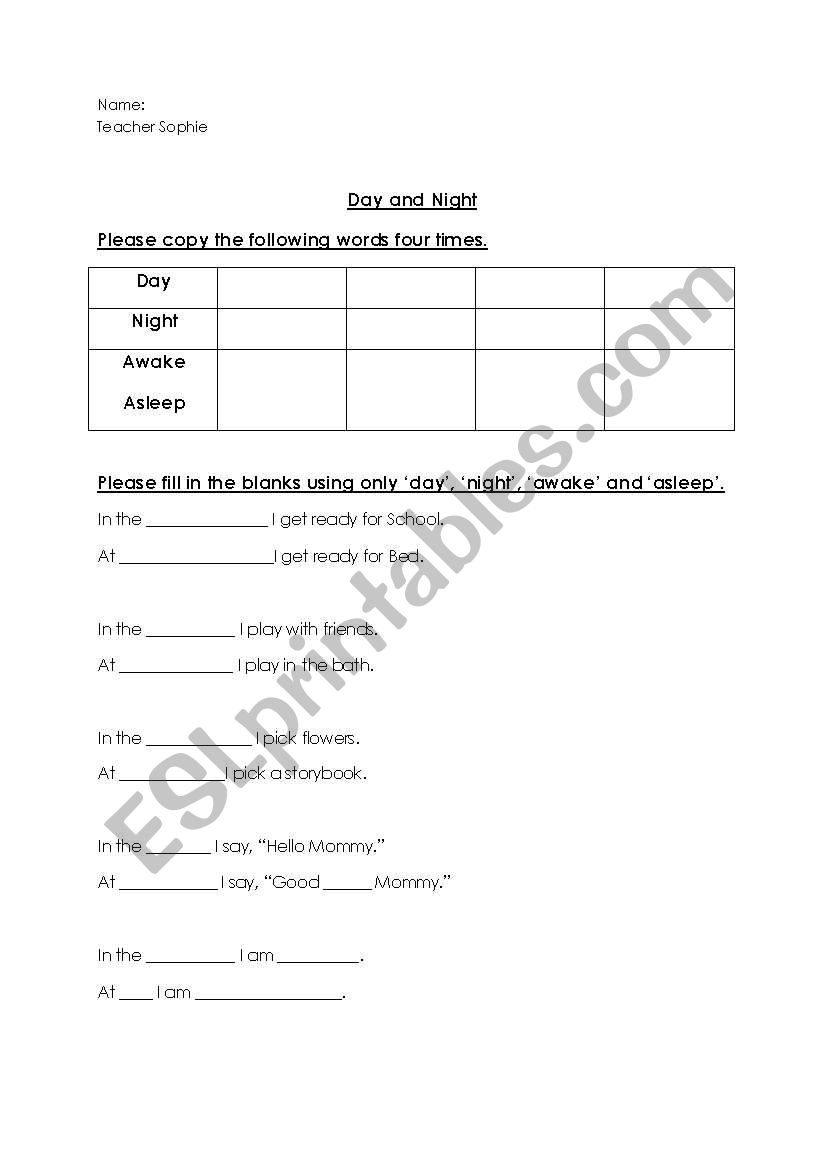 Day and Night worksheet