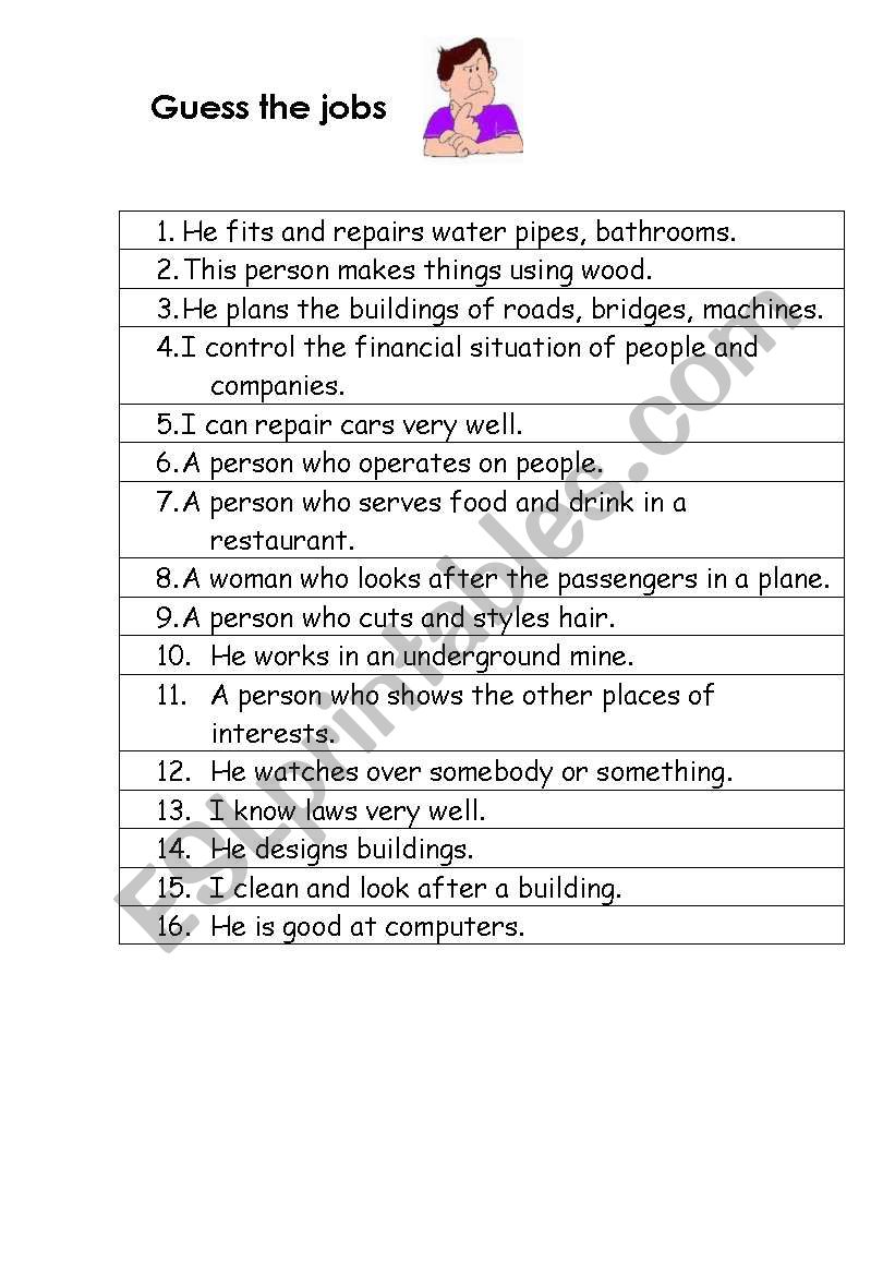 Guess the jobs worksheet