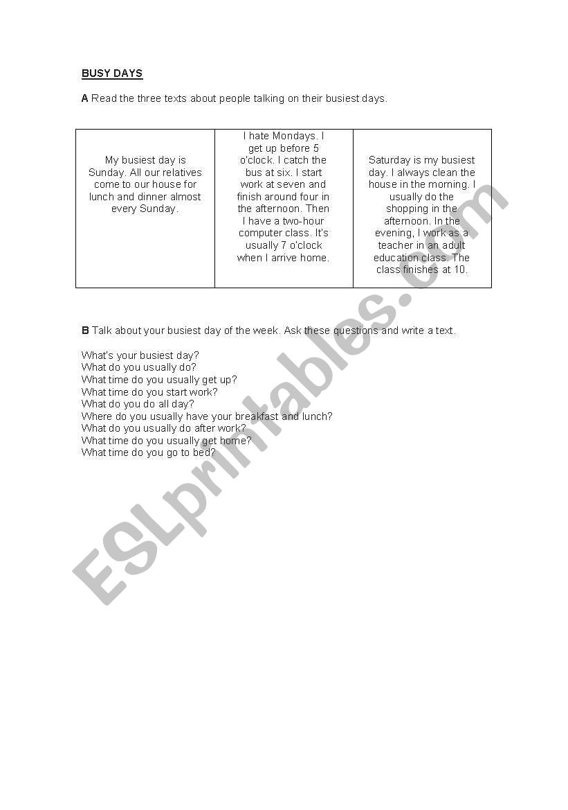 Busy Days worksheet