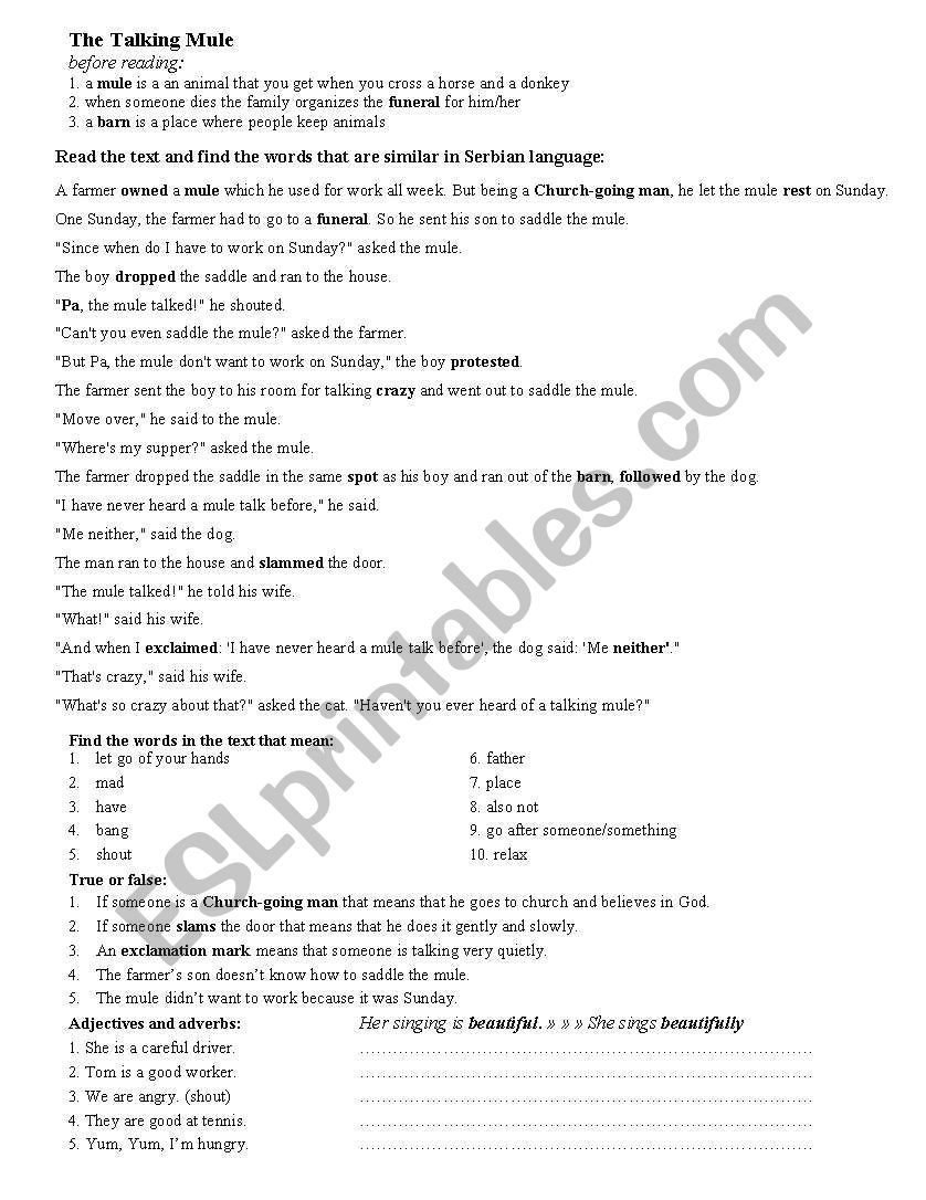 THE TALKING MULE worksheet