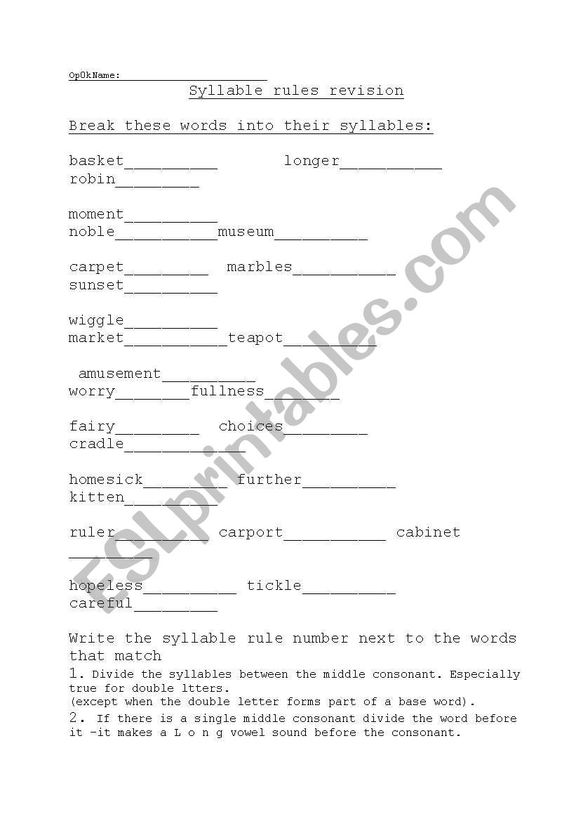 Syllable Rules and exercise worksheet