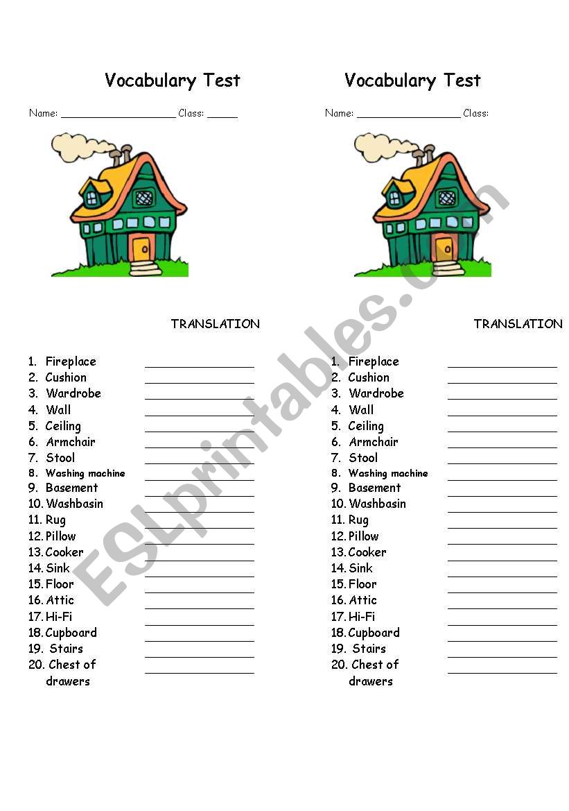 Vocabulary Test - House worksheet