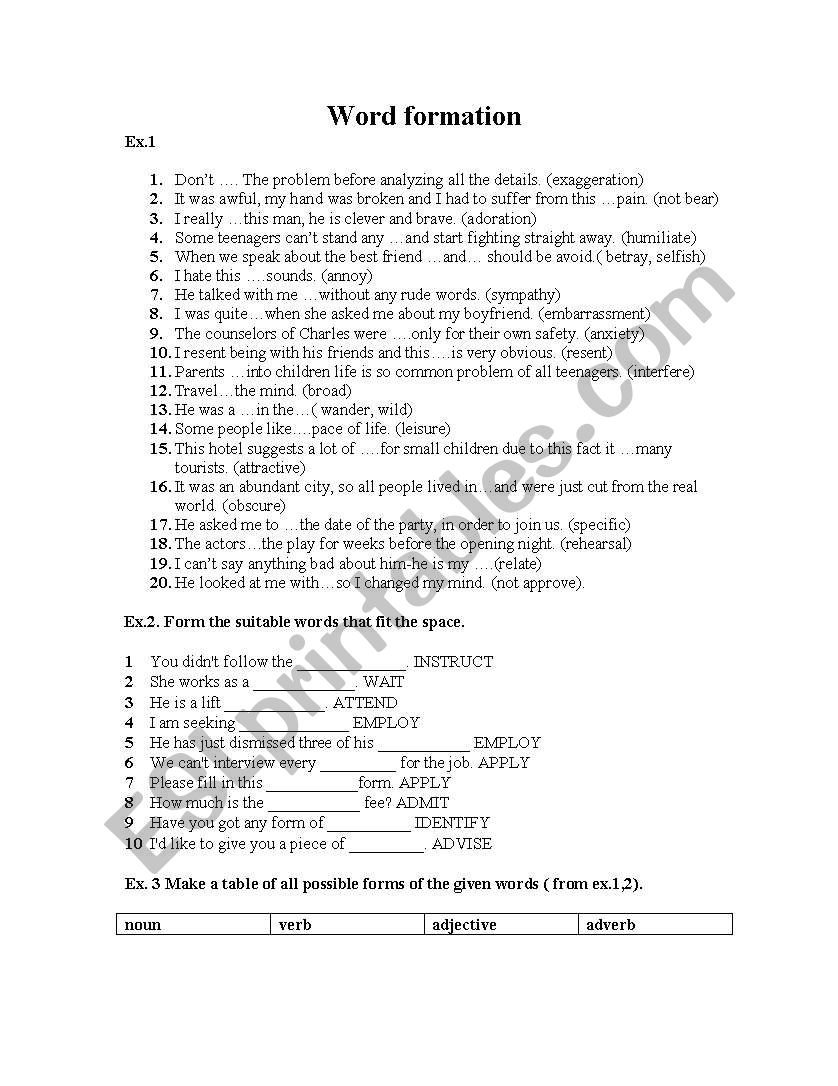 word formation worksheet